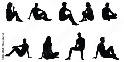 Diverse Group of Black Silhouettes of People Sitting in Relaxed Poses on White Background woman