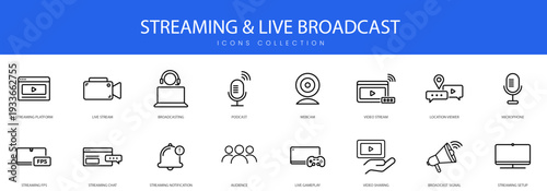 A set of modern line icons depicting digital media streaming live broadcasting and content creation