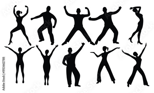people dancing set silhouettes isolated flat illustration