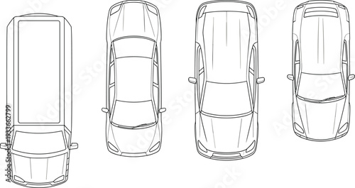 Top view outline collection of modern cars in different body styles, clean vector line art isolated on white, transportation design elements for automotive branding