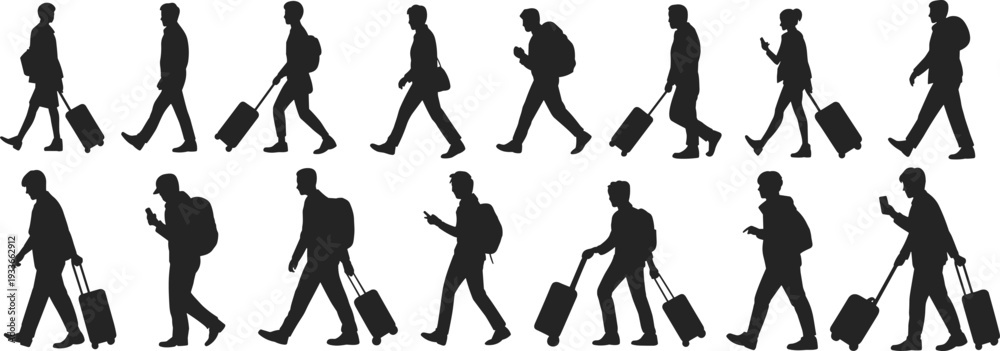 Fototapeta premium Diverse group of travelers with luggage and phones in silhouette on white Keywords: silhouette, traveler, travel, luggage