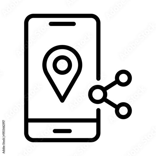 A line icon of a smartphone with a location pin and a sharing symbol representing the act of sending coordinates