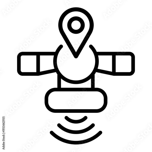A line icon depicting an orbiting satellite transmitting signals to a location pin for GPS navigation
