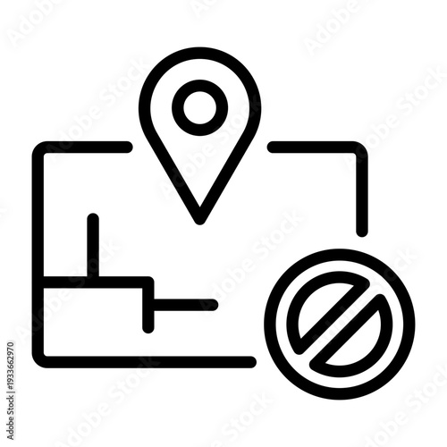 Line icon depicting a map area with a forbidden sign representing a restricted or no-go geofence zone