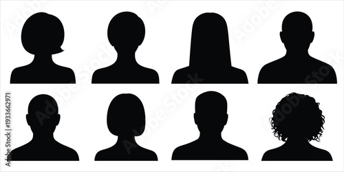 Eight Diverse Human Bust Silhouettes Facing Forward on White Background people heads