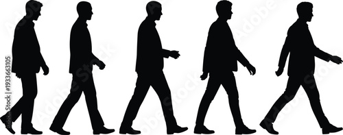 Five Silhouettes of Men in Suits Walking in a Line on White Background male stride