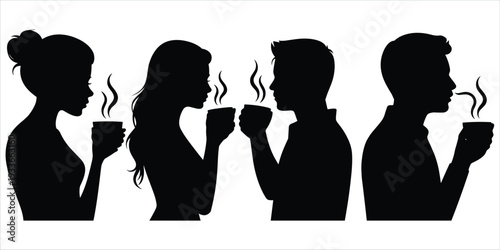 Four silhouettes of people drinking hot beverages with steam on white background coffee