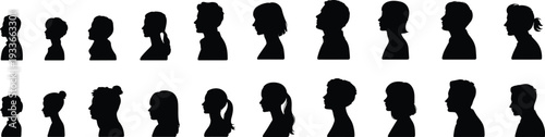 Rows of diverse human head profile silhouettes in black and white person