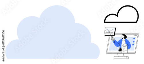 Cloud computing concept. Cloud computing with cloud icons and a digital workspace data analysis. Cloud computing fosters remote connectivity. For IT, business, communication, analytics, education