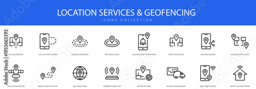 Detailed stroke icons for geographic tracking navigation services and geofencing boundaries