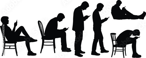 Silhouettes of men using smartphones in various seated and standing positions mobile phone