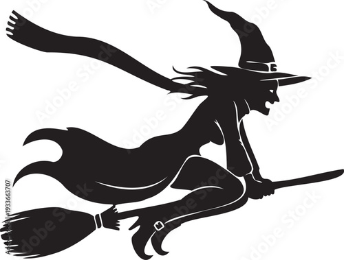 Flying witch silhouette on broomstick for halloween holiday seasonal