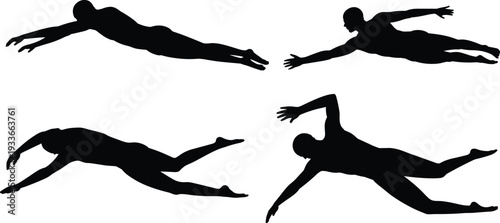 Swimming athlete silhouettes in freestyle motion, professional swimmer action poses isolated on white background sports illustration design