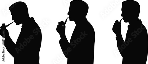 Three Silhouettes of Men Smoking Pipes on White Background male