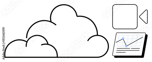 Cloud with growth chart, analytics graph, and video block suggesting data management, online content, teamwork, digital tools, trends, service remote access. Ideal for simple flat metaphor