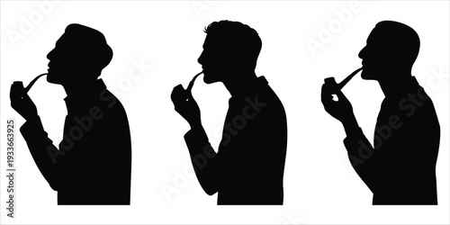 Three men silhouettes in profile smoking pipes on a white background male