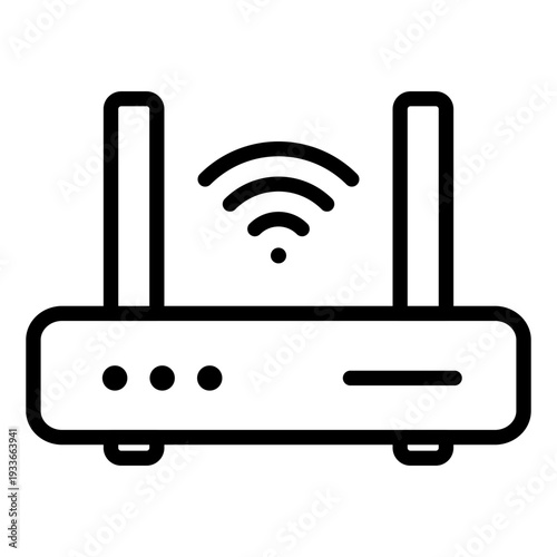 Line art drawing of a wireless router device with antennas and signal