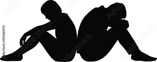 Two Silhouettes of People Sitting Back to Back in a Depressed Pose vector illustration