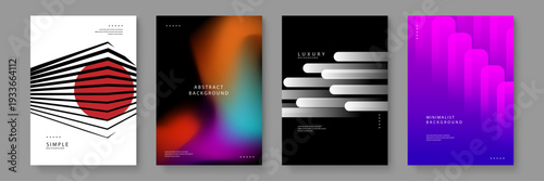 A diverse set of four posters featuring perspective lines blurry color gradients dark luxury bars and purple rounded shapes for design