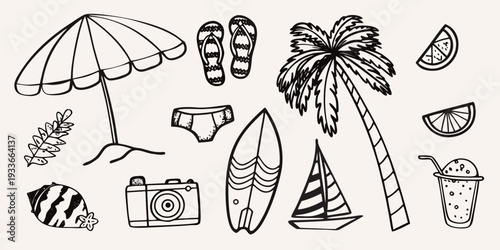 Hand drawn summer elements including beach accessories and tropical fruit