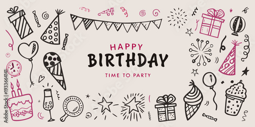 Hand drawn birthday illustration with gifts balloons and festive decorations