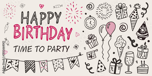 Colorful hand drawn illustration for a happy birthday celebration and party