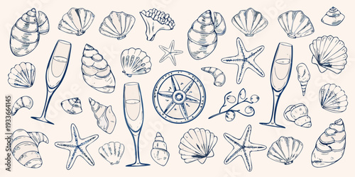 Sketch of seashells champagne glasses starfish and nautical wheel elements