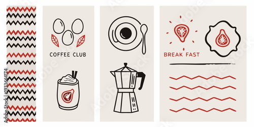 Minimalist breakfast and coffee themed illustrations in a grid layout