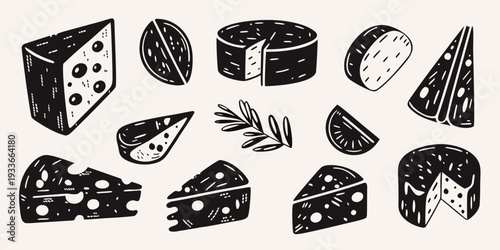 Variety of cheese wedges and blocks with a sprig of rosemary