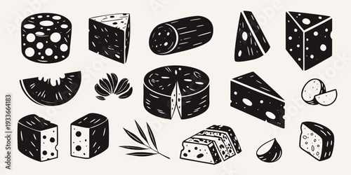 Variety of cheeses and cured meats in a hand drawn black and white style