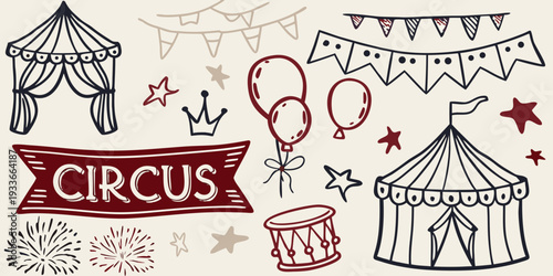 Festive circus elements including tents balloons and celebratory banners