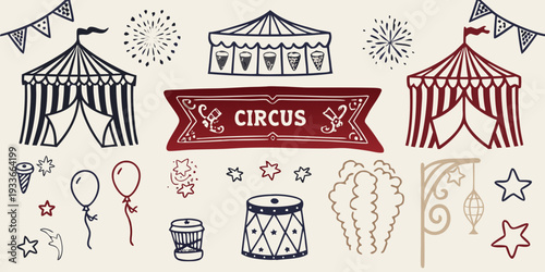 A colorful illustration depicting various elements of a vintage circus scene