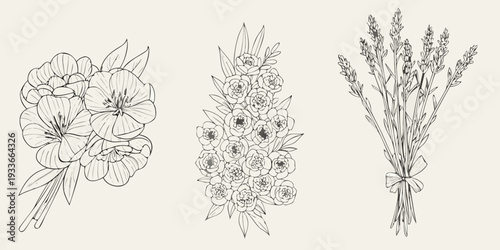 Botanical illustration of gladiolus roses and lavender flower arrangements