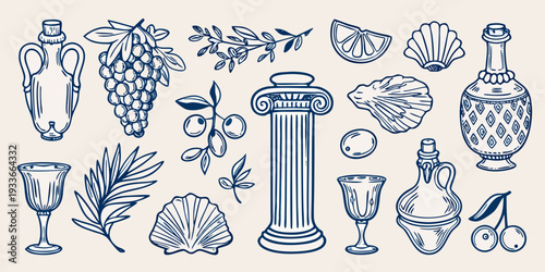 Vintage botanical illustration featuring classical elements and fruit motifs