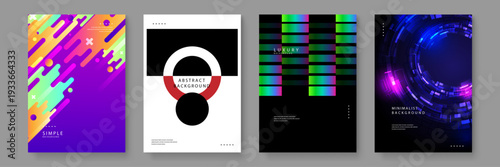 A diverse collection of four creative posters featuring liquid motion tech circles and geometric abstractions in vibrant purple and blue colors