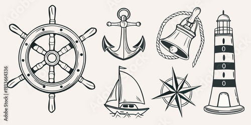 Vintage nautical elements including a ship wheel anchor and lighthouse