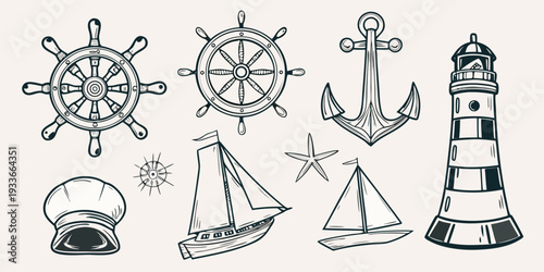 Nautical themed illustrations featuring steering wheels anchors and a lighthouse