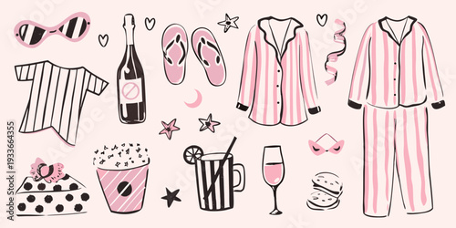 A collection of pink summer essentials pajamas drinks and accessories