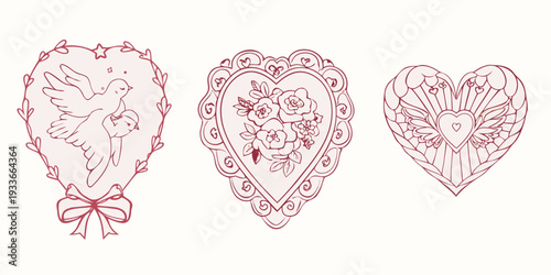 Three ornate heart shaped frames with vintage floral and avian designs