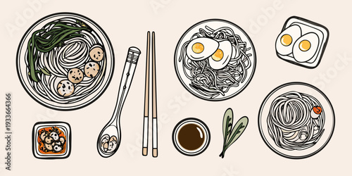 An artistic arrangement of various noodle and dumpling dishes