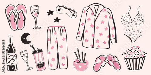 A collection of pink illustrated items for a relaxing girls getaway