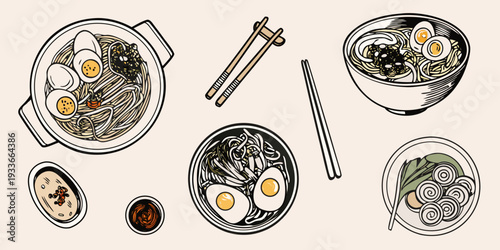 An illustrated arrangement of various japanese noodle and dumpling dishes