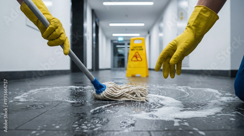 A person is mopping the floor with a yellow mop