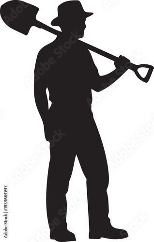 Silhouette of a man with hat carrying shovel against transparent background