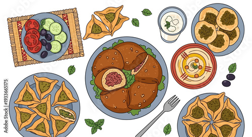 Assorted traditional Middle Eastern dishes beautifully arranged on vibrant plates and bowls from directly above view