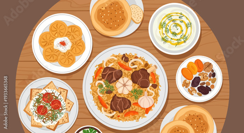 Assorted international dishes beautifully arranged on a wooden dining table, viewed from directly above in a cozy setting.