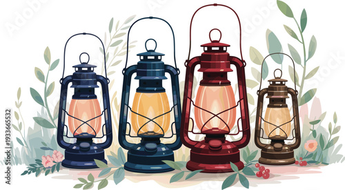 Vintage camping lantern collection vector illustration featuring colorful oil lamps with floral background rustic outdoor lighting design