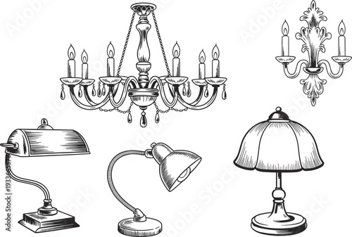 Vintage chandelier and table lamps engraving style vector illustration featuring classic wall sconces and antique lighting fixtures isolated