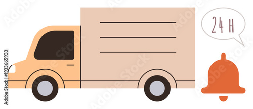 Logistics, delivery services, shipping solutions, express courier, 24-hour availability, transportation. A delivery truck with a speech bubble showing 24H next to a bell icon. Logistics and delivery
