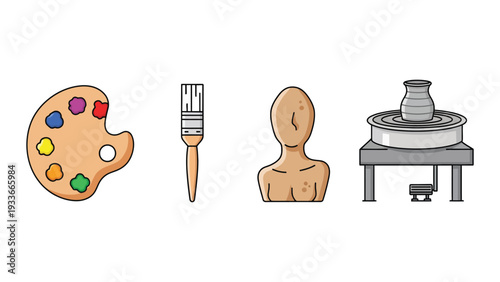 An artist's creative tools and materials for painting and pottery making